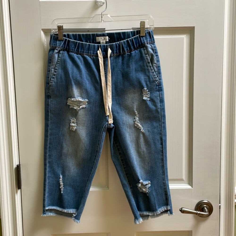 Easel Denim Long Shorts Size M. Draw String, Frayed